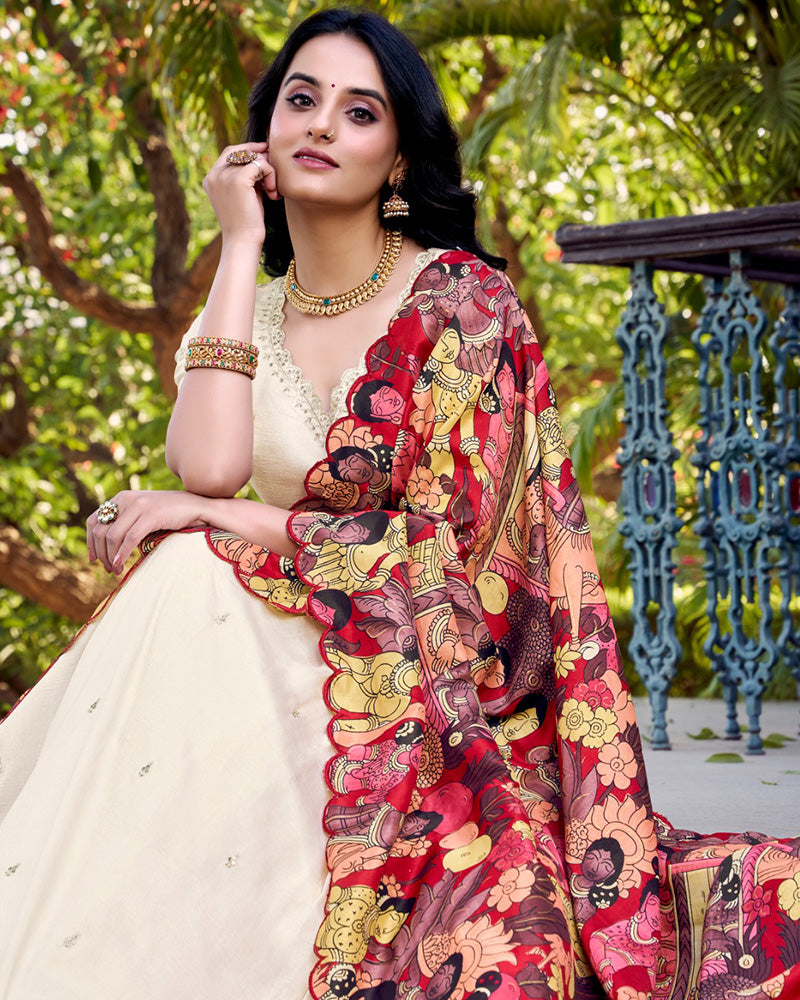 Off-White Color Vichitra Silk Embroidered Half Saree
