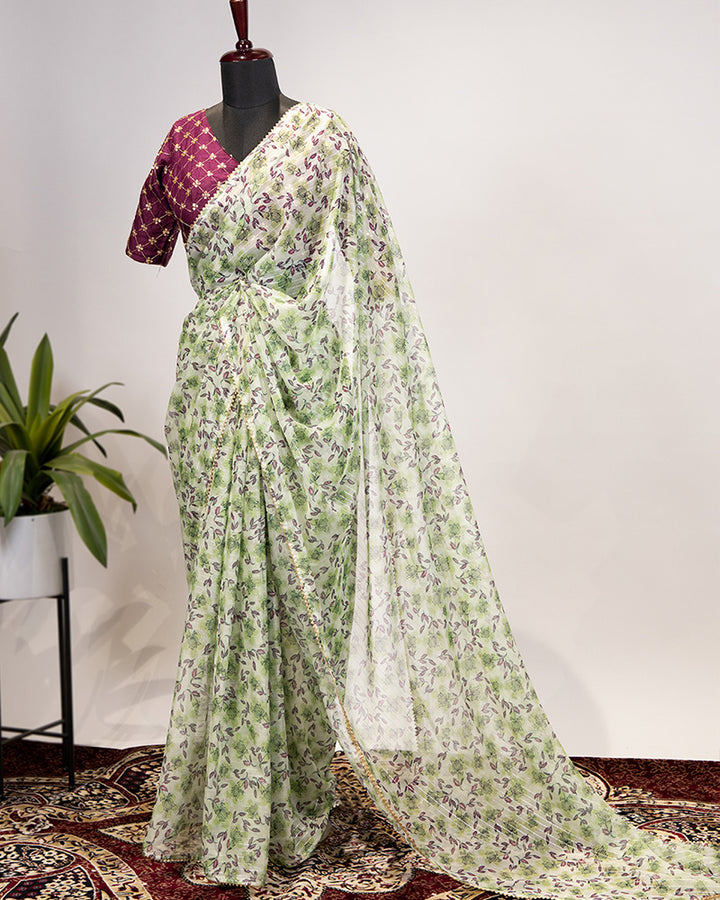 Pista Color Embroidery Work Zari Chiffon Printed Saree