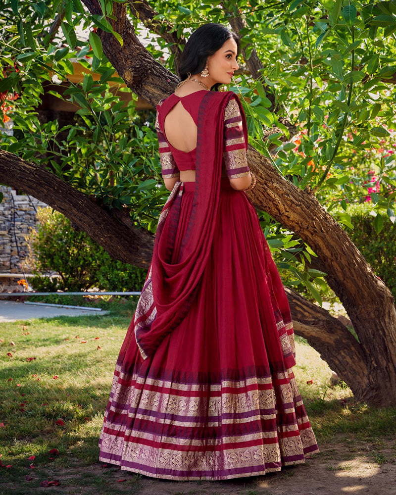 Red Color Pure Chanderi Plain Half Saree