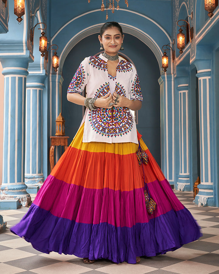White Color Viscose Rayon Embroidered Navratri Lehenga Choli