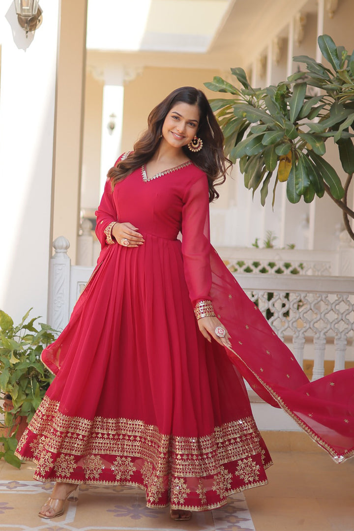 Rani Pink Faux Blooming Gown With Dupatta With Attractive Embroidery Sequence Work