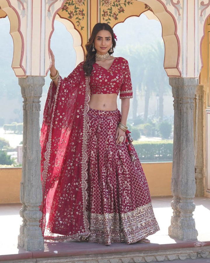 New Design Rani Pink Color Sequence Embroidered Jacquard Lehenga Choli