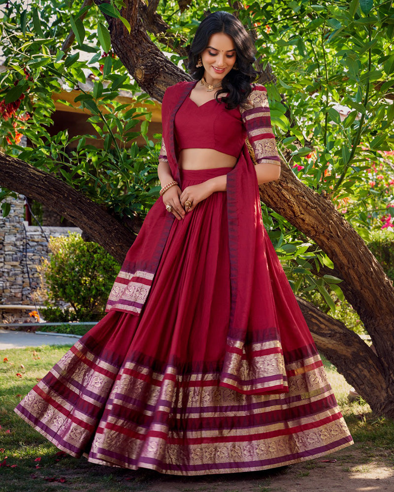 Red Color Pure Chanderi Plain Half Saree