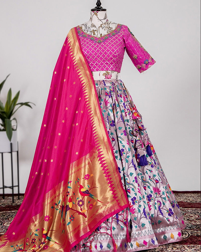 Pink Color Weaving Zari Work Jacquard Silk Paithani Lehenga Choli