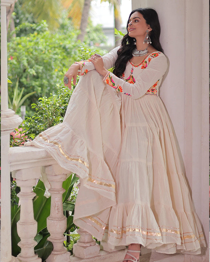 Off-White Kora Cotton Mirror-Embroidered Flared Navratri Gown