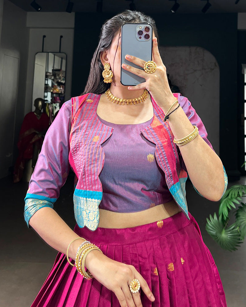 Pink Color Poly Cotton Zari Weaving Lehenga Choli