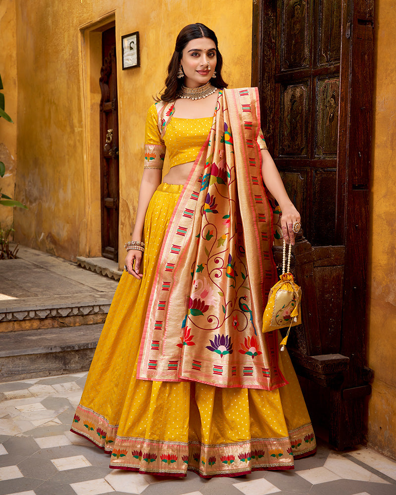 Mango Color Paithani Silk Zari Weaving Lehenga Choli