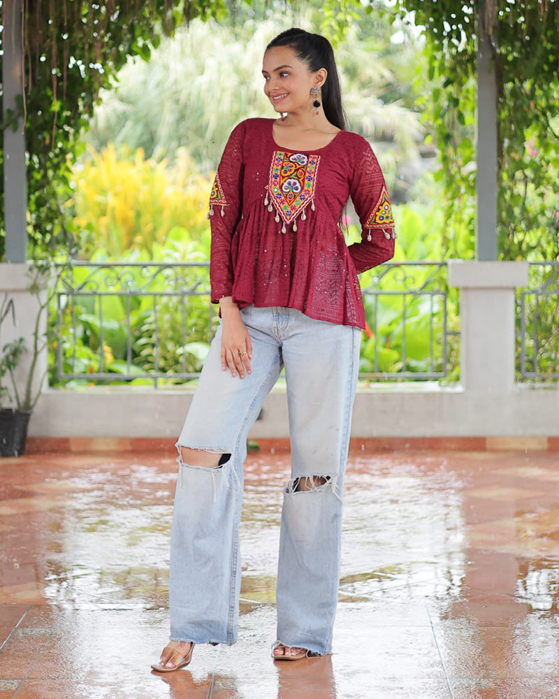Maroon Color Georgette Lucknowi Work Navratri Kediya