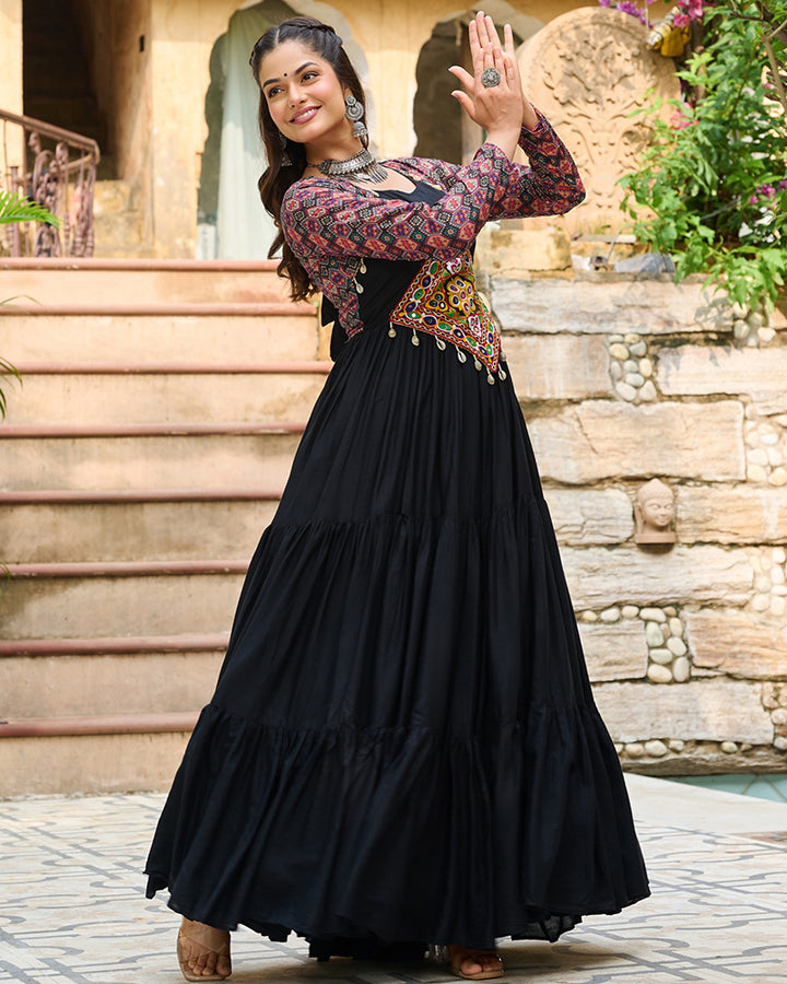 Full Flair Black Rayon Gown With Multicolor Embroidery