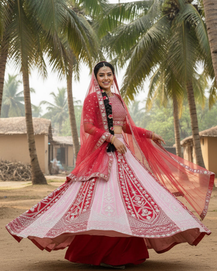 Wedding Wear Baby Pink And Red Color Georgette Lehenga Choli