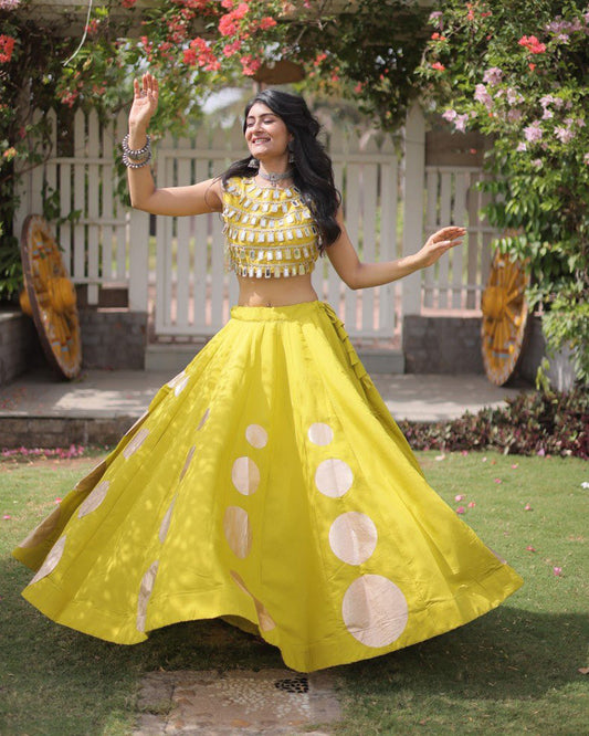 Traditional Parrot Green Roman Silk Navratri Wear Lehenga Choli