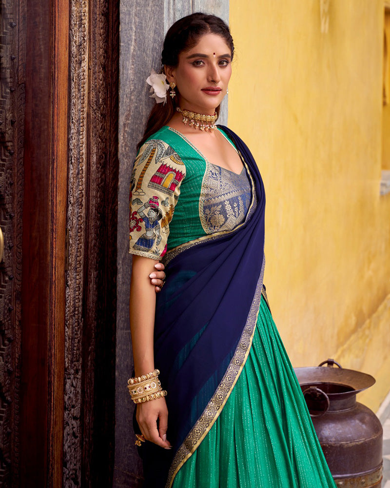 Bottle Green Color Poly Chanderi Kalamkari Printed Lehenga Choli