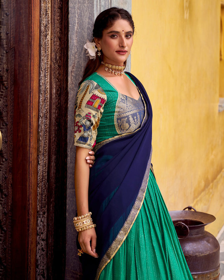 Bottle Green Color Poly Chanderi Kalamkari Printed Lehenga Choli