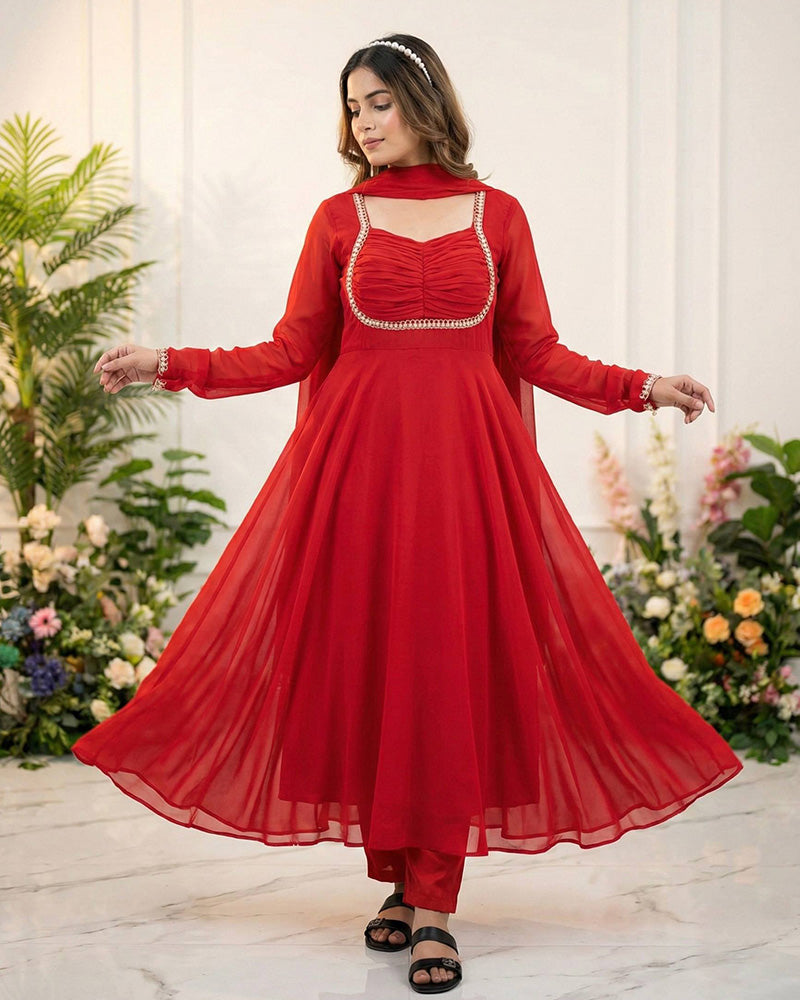 Red Color Pure Blooming Georgette Anarkali Suit