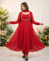 Red Color Pure Blooming Georgette Anarkali Suit
