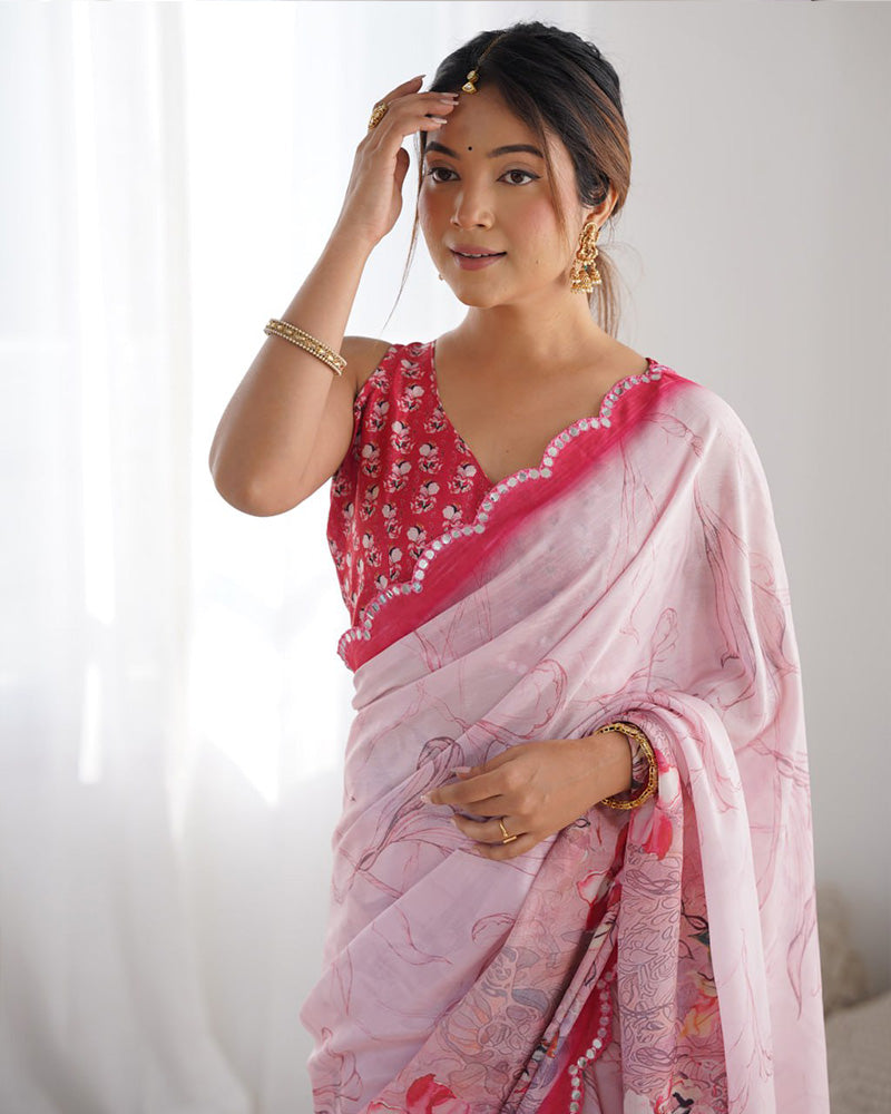 Pink Color Chinnon Silk Printed Saree