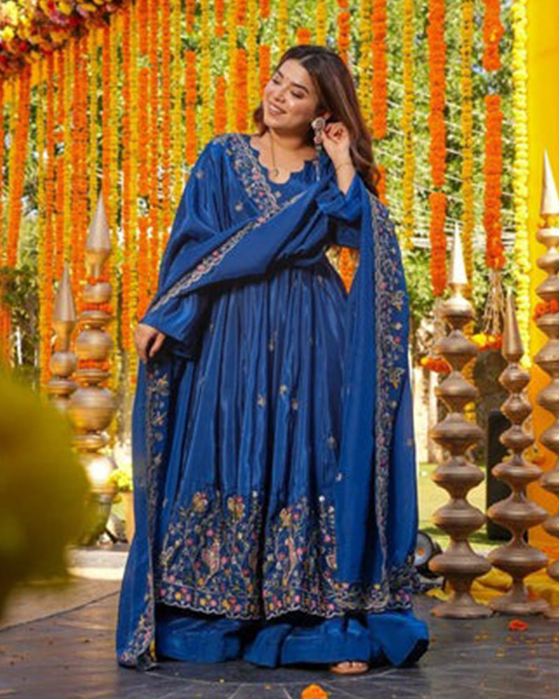 Blue Color Crunchy Silk Embroidered Sharara Suit
