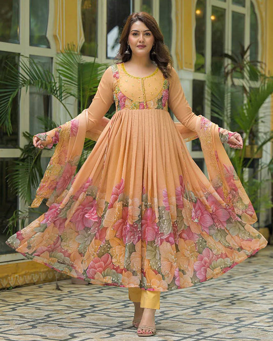 Orange Color Faux Georgette Printred Anarkali Suit
