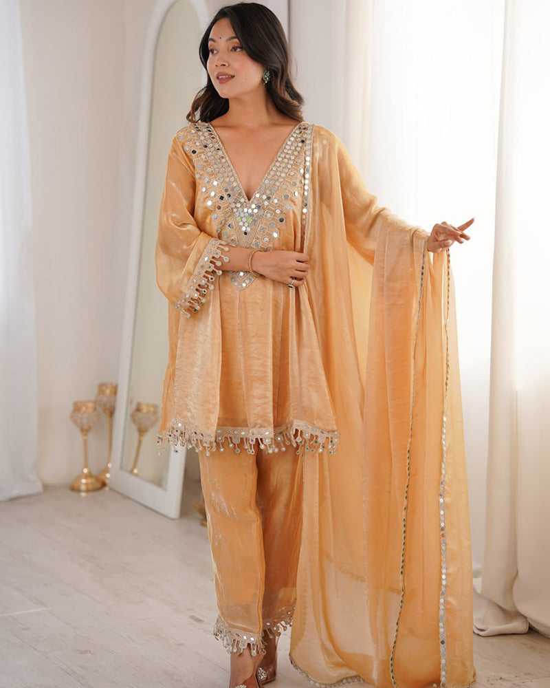Chikoo Color Fendi Silk Embroidered Plazzo Suit