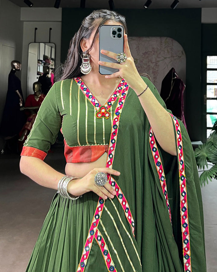 Vibrant Mehndi Color Rayon Gamthi Work Navratri Lehenga Choli
