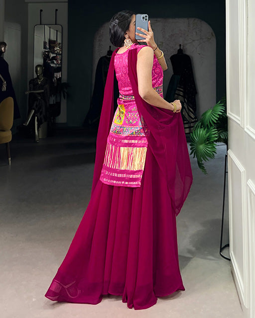 Designer Pink Color Gaji Silk Three Piece Plazzo Suit