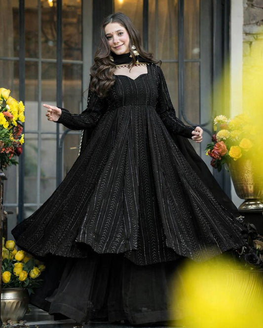 Black Color Faux Blooming Embroidered Sharara Suit