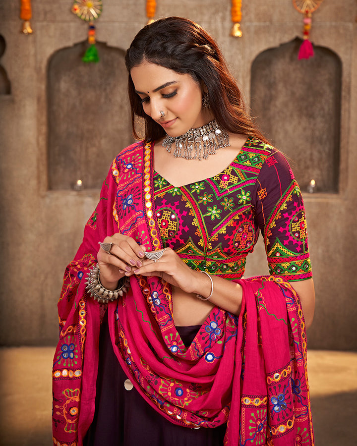 Purple Color Viscose Rayon Thread Embroidered Navratri Lehenga Choli