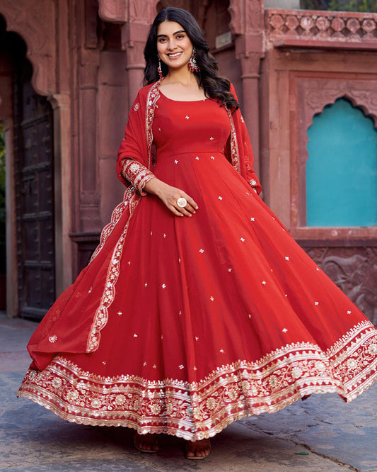 Ethnic Red Color Georgette Sequence Embroidered Gown