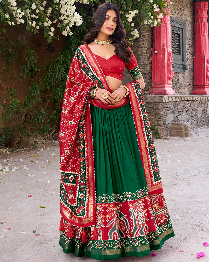 Designer Patola Printed Green Color Tussar Silk Lehenga Choli