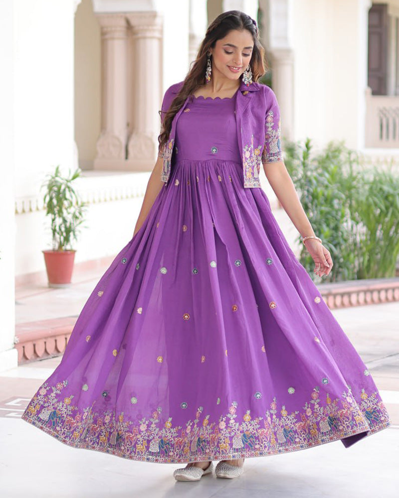 Purple Color Vichitra Silk Embroidered Gown