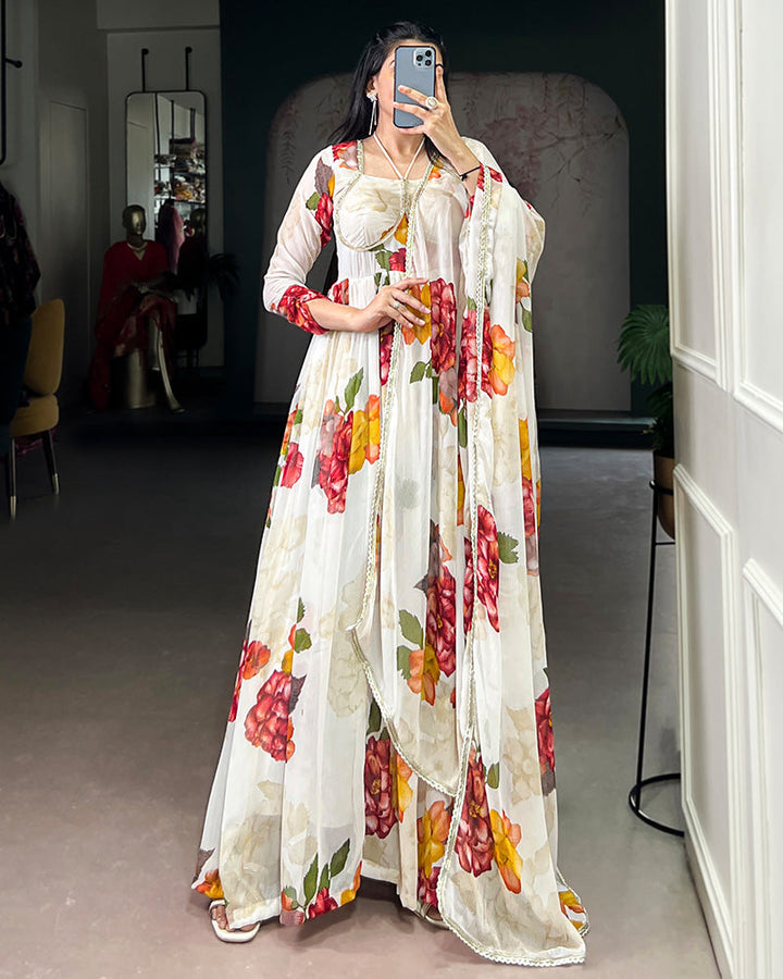 White Color All Over Floral Printed Chiffon Gown