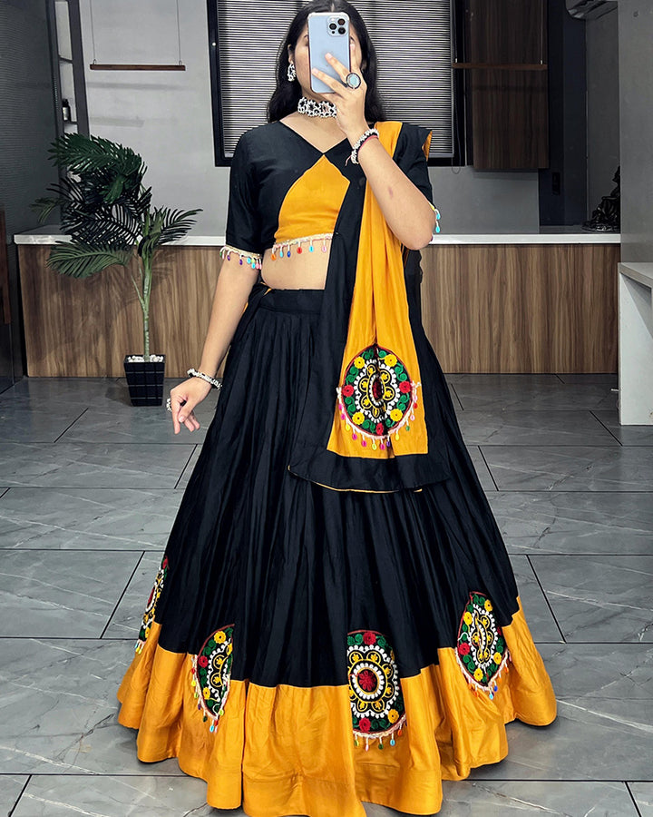 Vibrant Mustard and Black Rayon Cotton Navratri Lehenga Choli