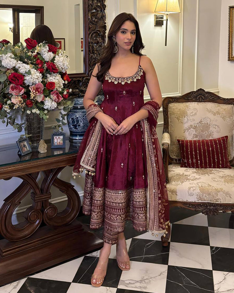 Maroon Color Vichitra Silk Embroidered Anarkali Suit