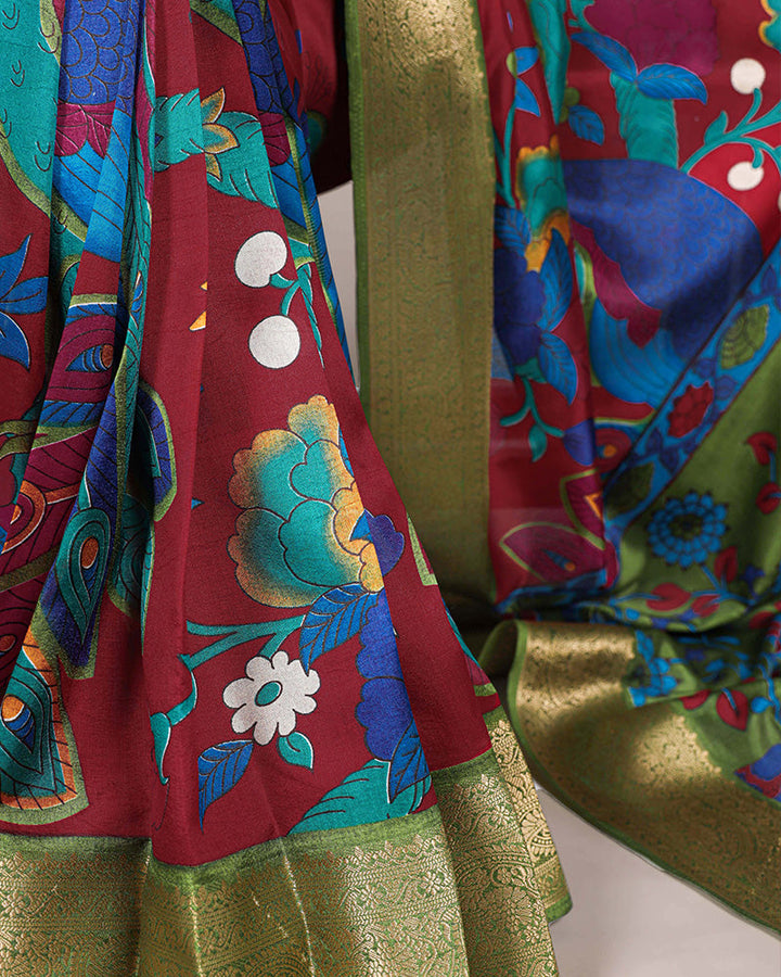 Maroon Color Tasar Silk Ethnic Printed Saree