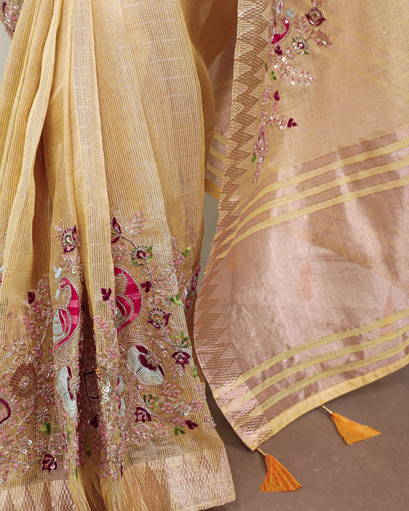 Yellow Color Embroidered Kota Tissue Saree