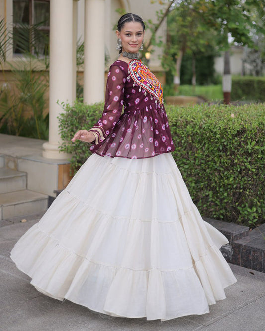 Wine Color Bandhani Printed With Kora Cotton Navratri Lehenga Set