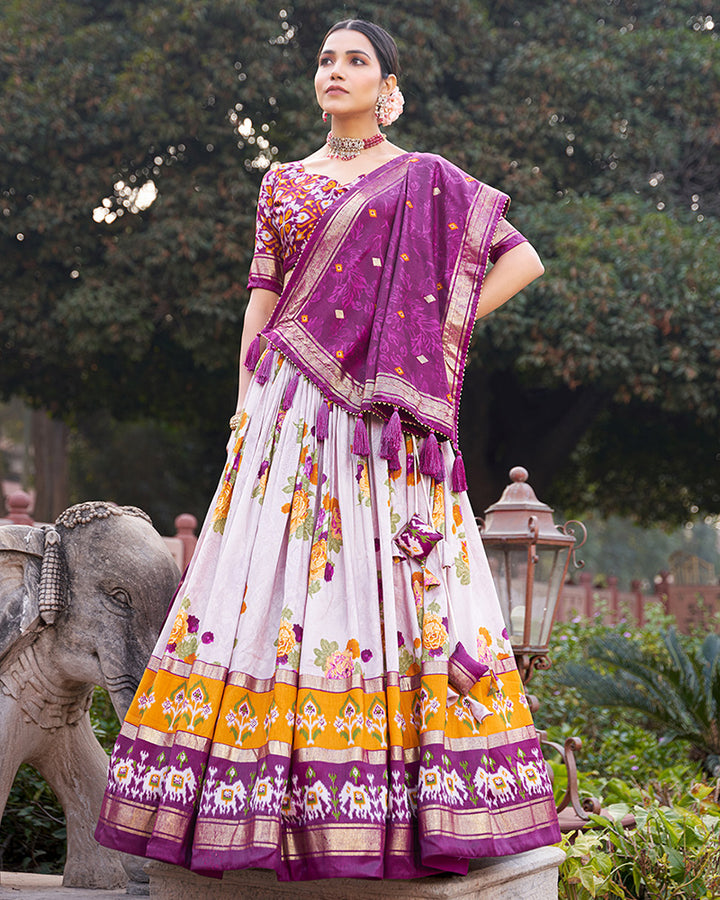 Wine Color Tussar Silk Floral And Patola Print Lehenga Choli