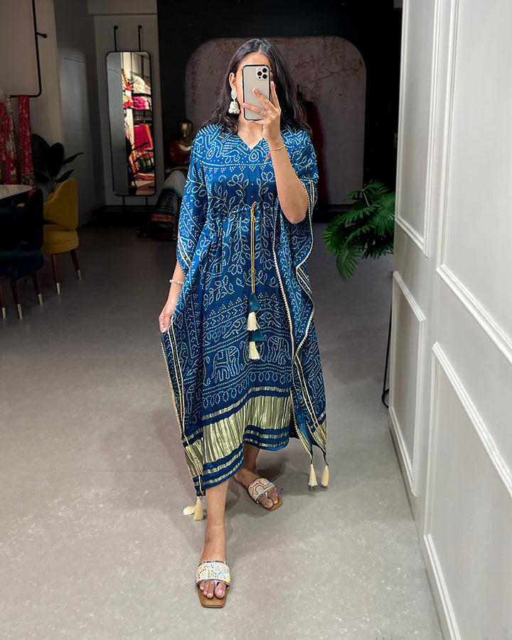 Designer Blue Color Gaji Silk Bandhej Print Kaftan