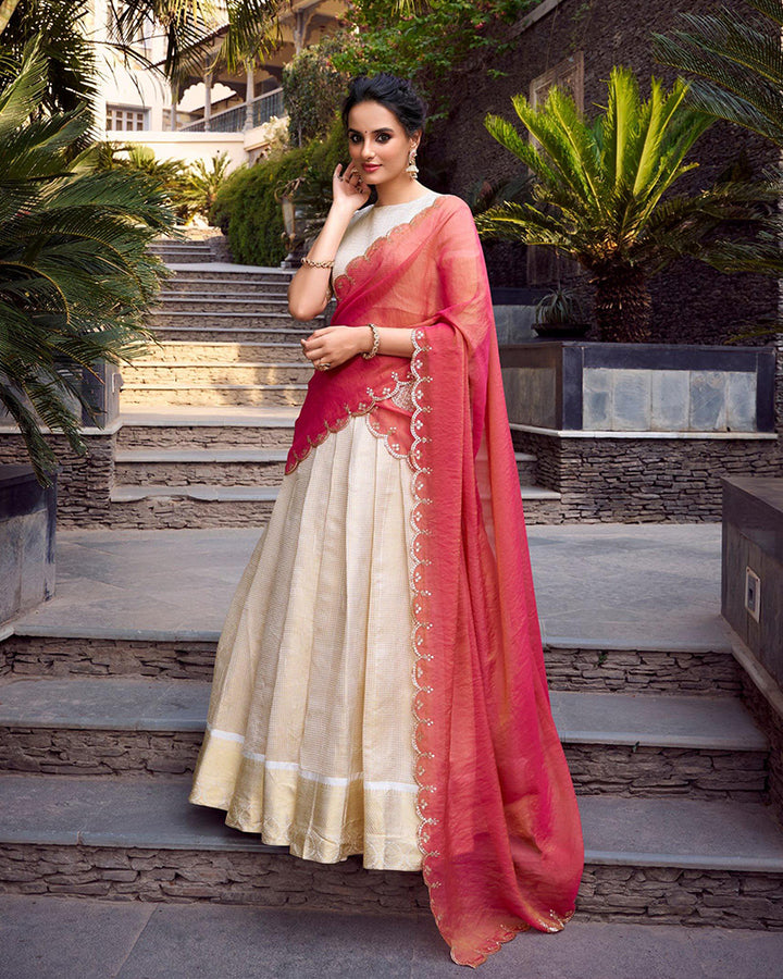 Designer Off-White Color Jacquard Chex Lehenga Choli