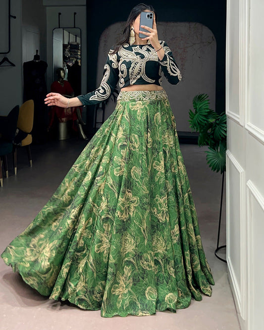 Firozi Green Color Tasar Silk Printed Embroidered Lehenga Choli
