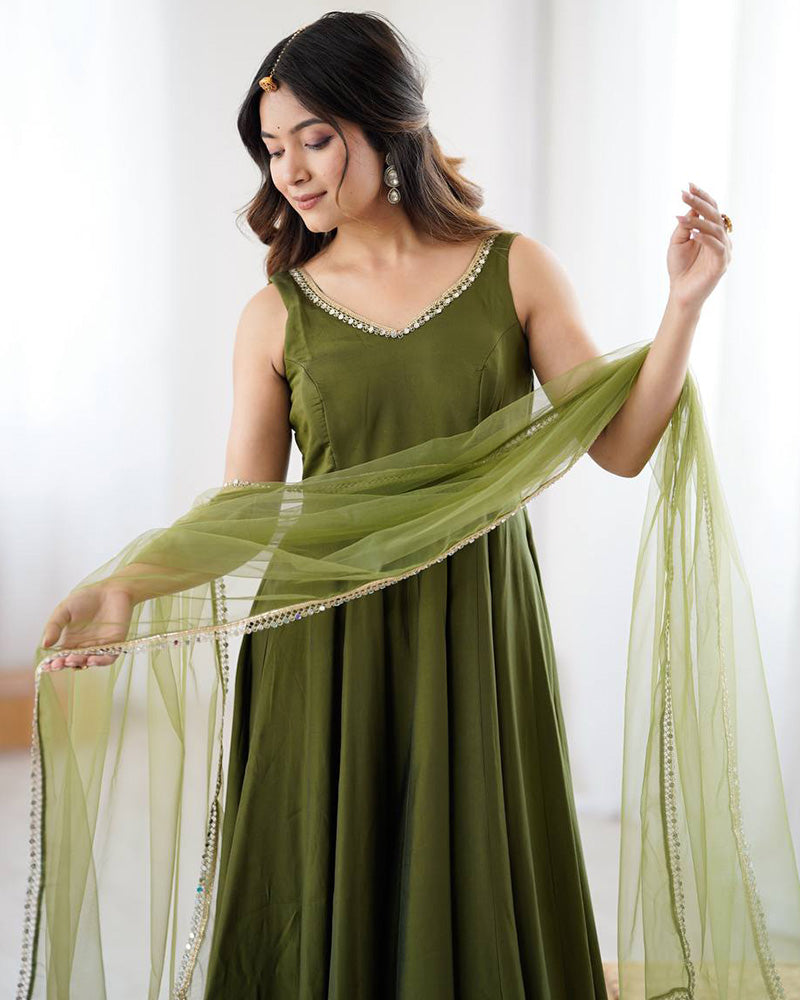 Designer Mehndi Color Roman Chanderi Silk Anarkali Suit