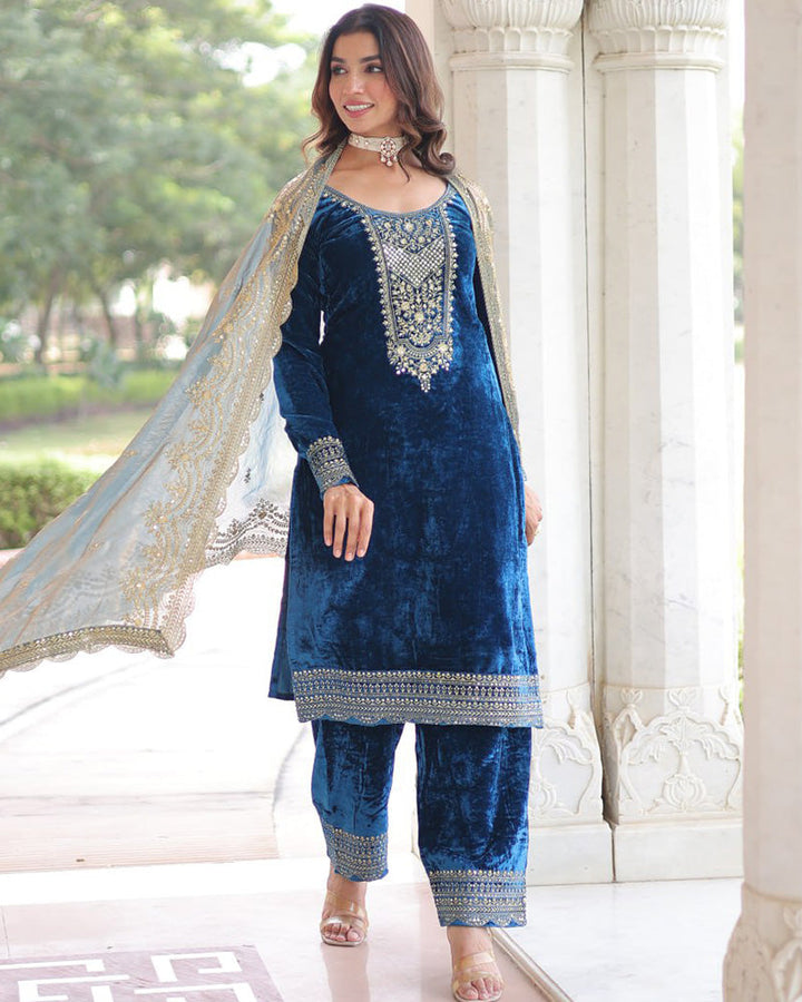 Morpich Color Velvet Three Piece Kurti Suit