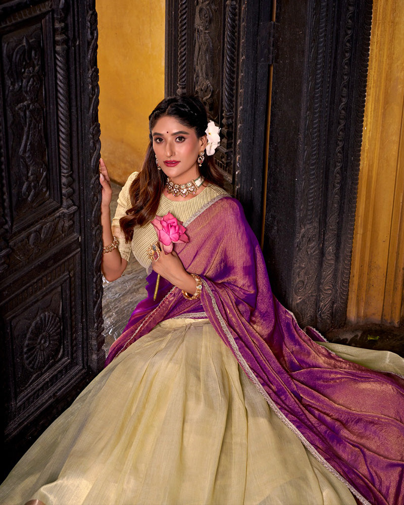 Yelllow Color Dupion Silk Zari Weaving Half Saree