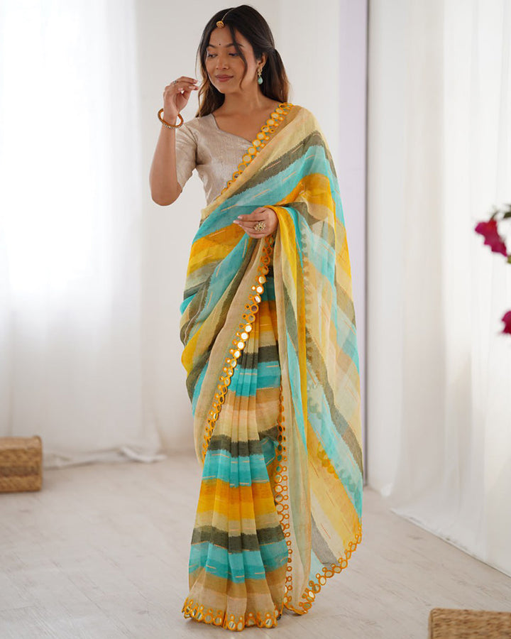 Yellow Color Smooth Marble Chiffon Printed Saree
