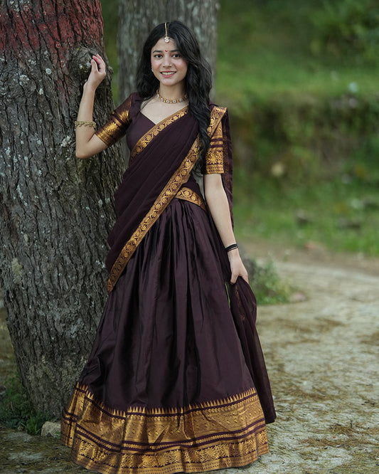 Dark Brown Color Kanjivaram Silk Zari Weaving Half Saree