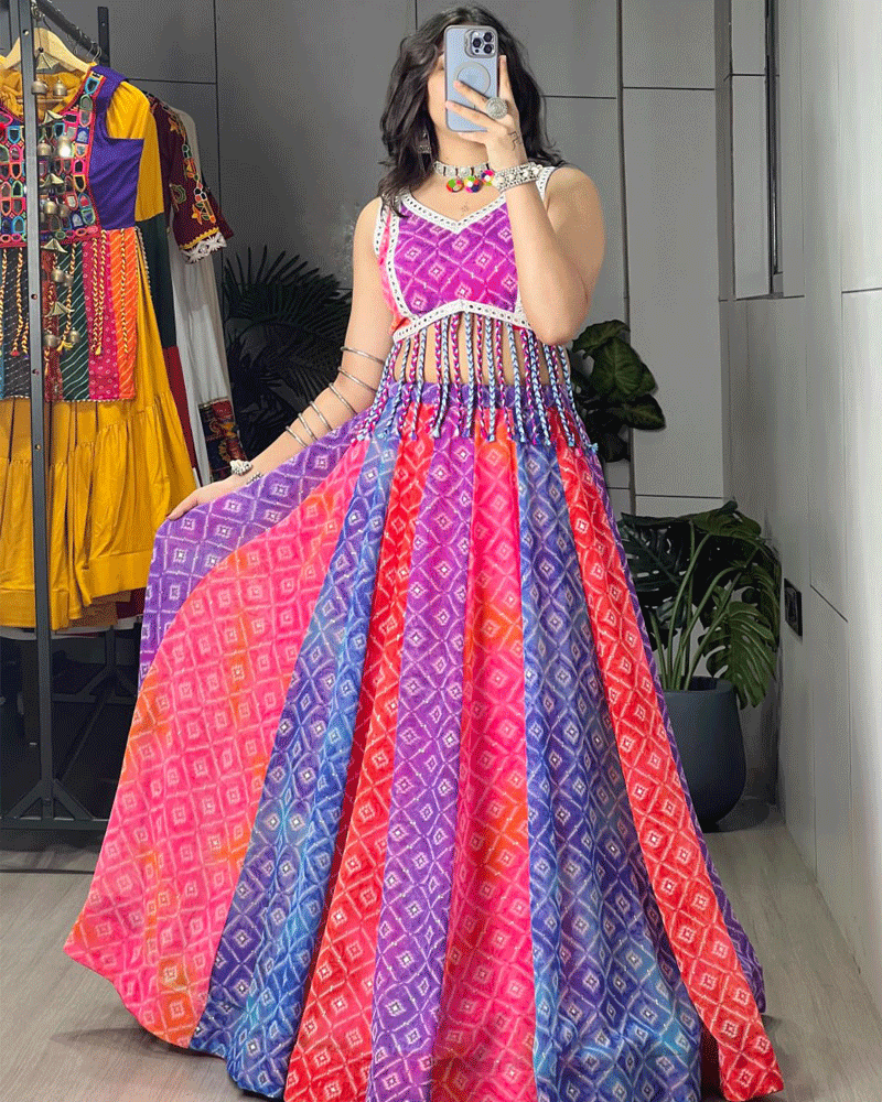 Multi Color Faux Georgette Foil Printed Navratri Lehenga Set