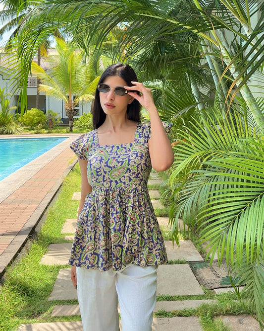 Blue Color Pure Cotton Kalamkari Printed Tunic