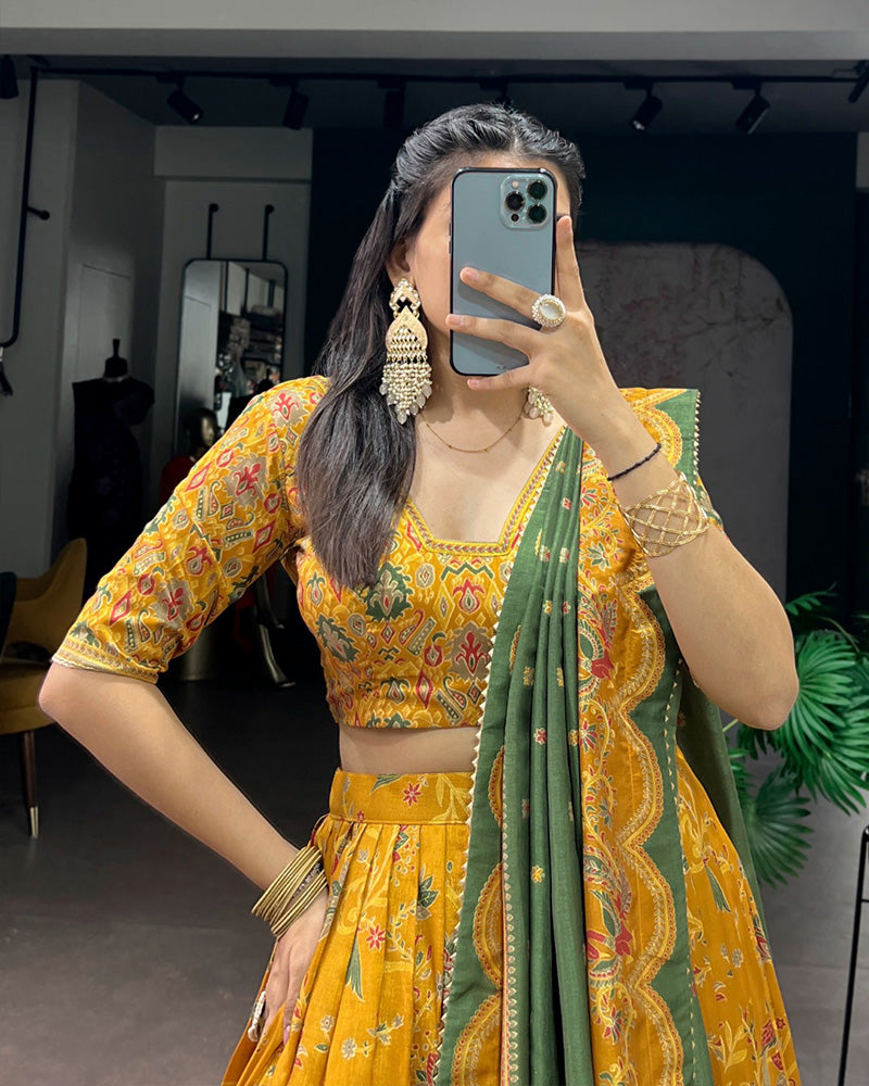 Mustard Color Tasar Silk Foil Printed Lehenga Choli