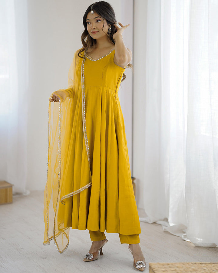 Designer Yellow Color Roman Chanderi Silk Anarkali Suit
