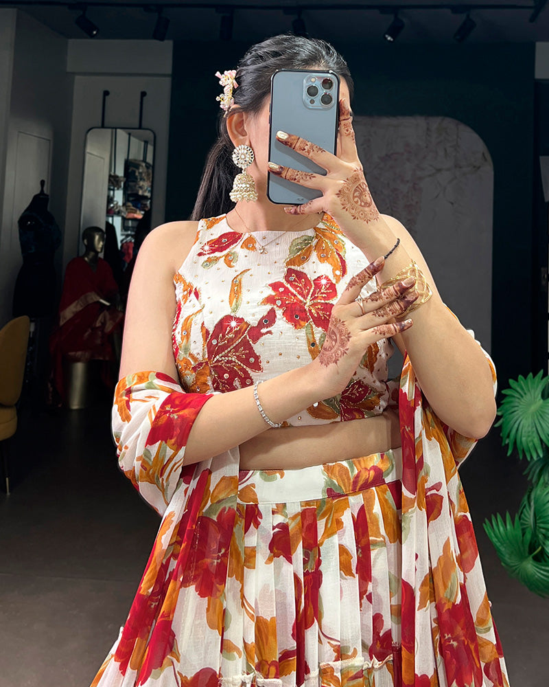 White Color Marble Floral Printed Lehenga Choli